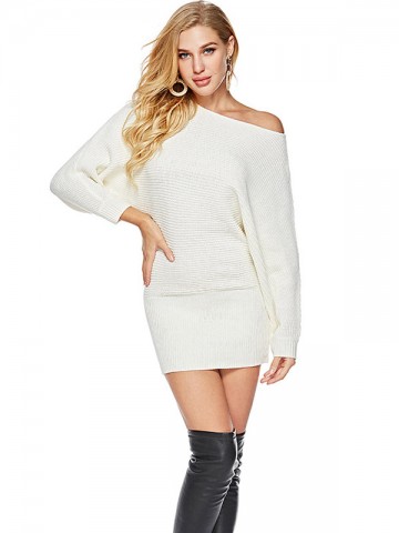 White Boat Neck Knit Dresses With Cape Sleeves