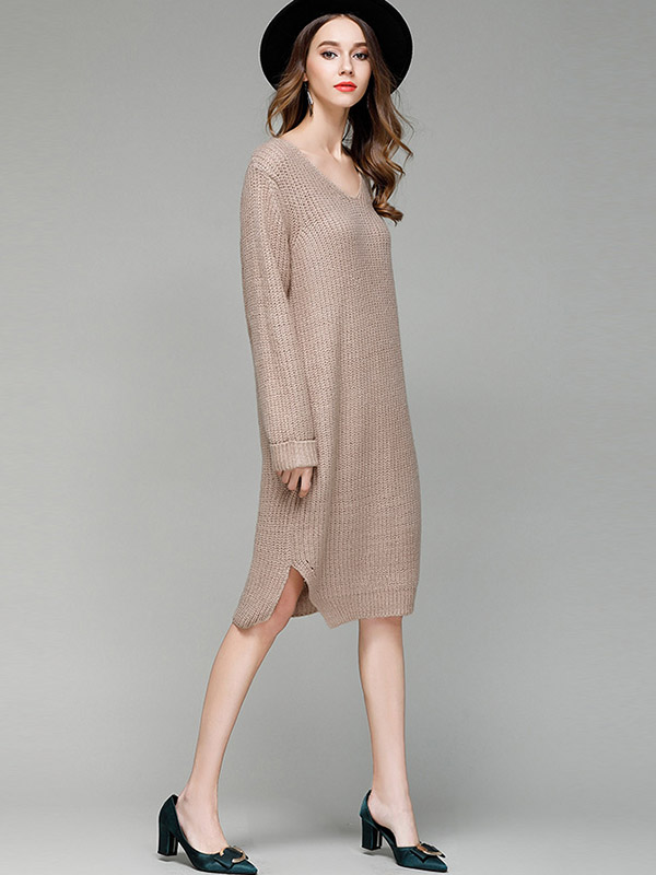 Brown V-neck Maxi Shift Knit Dresses