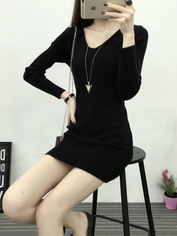 Black Sexy V-neck Bodycon Midi Knit Dresses