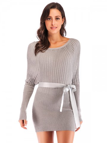 Grey Boat Neck Knitted Mini Dress