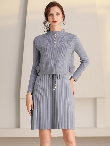 Blue Crew Neck Knitted Tie Waist Pleated Dress