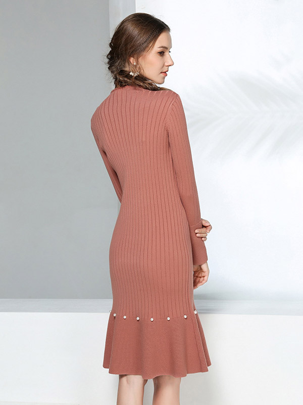 Brick Red Stand Collar Knit Dress with Beading Decoration