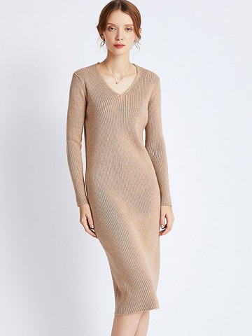 Khaki V Neck Ribbed Style Midi Dress