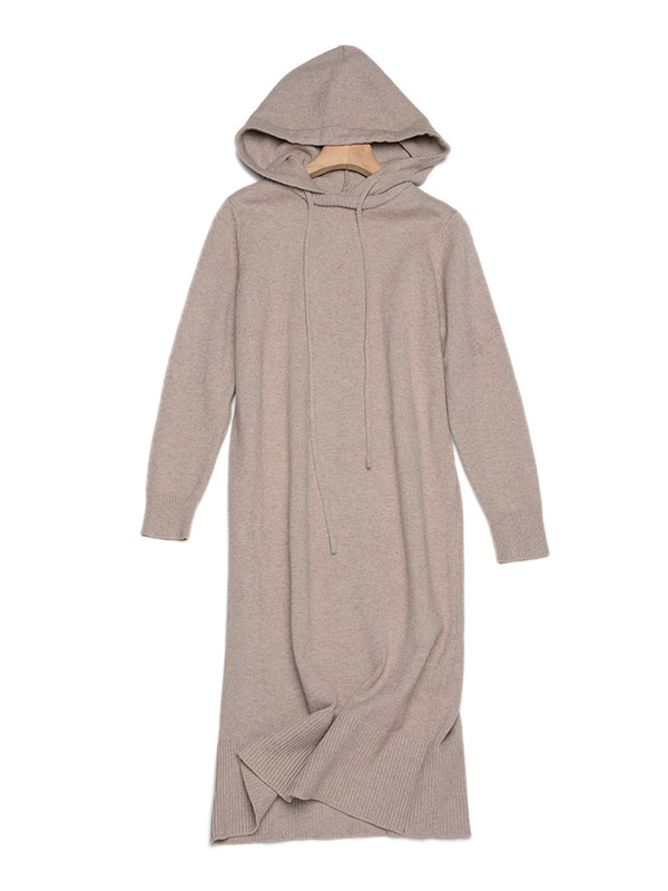 Khaki Hooded Knitted Midi Dress