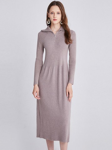 Khaki Turn-down Collar A-line Knitted Dress