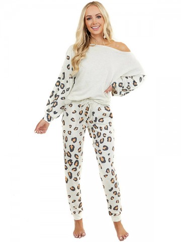 Apricot Leopard Print Knit Loungewear Set