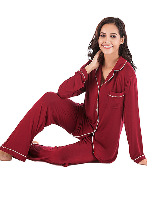 Red Lapel Collar Modal Loungewear Set