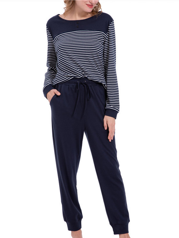 Dark Blue Striped Loungewear Set