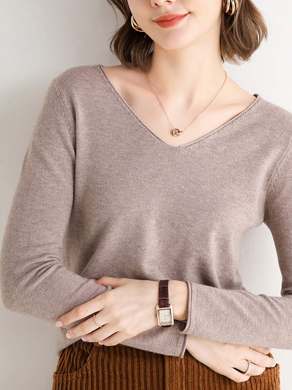 Khaki V-neck Slim Knit Sweaters