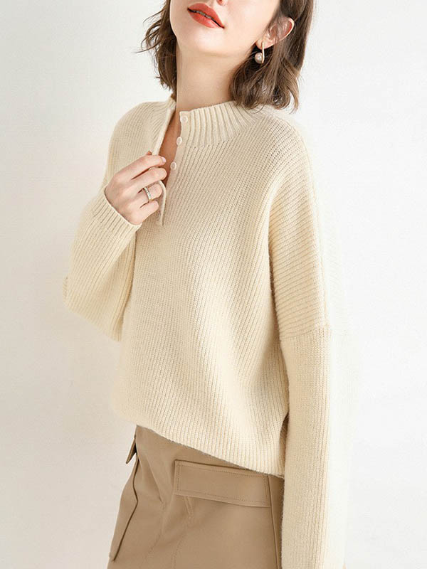Apricot Stand Collar Knit Sweaters With Buttons