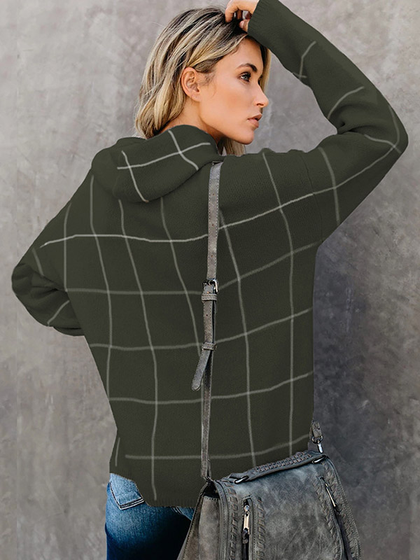Green Funnel Neck Street Knit Sweaters With Plaid Pattern