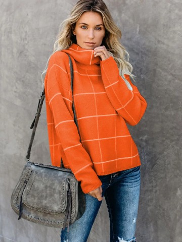 Orange Funnel Neck Street Knit Sweaters With Plaid Pattern
