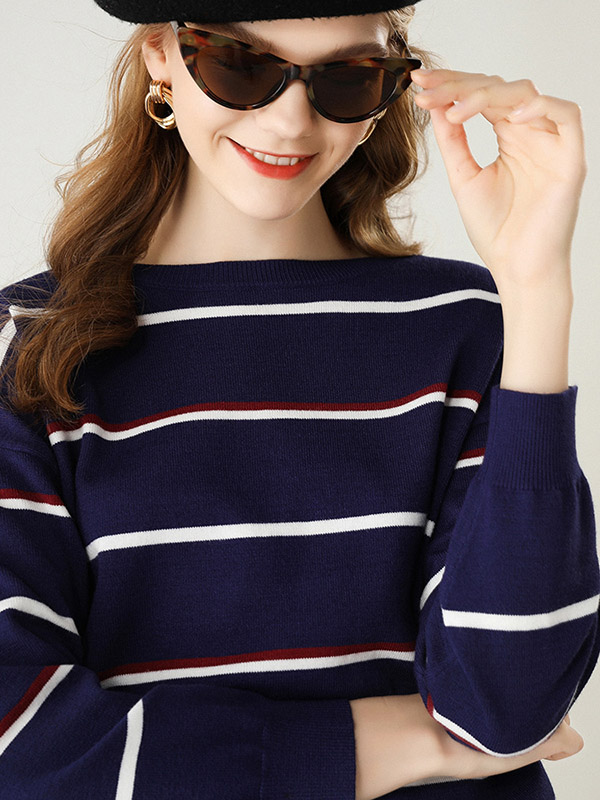 Navy Blue Round Neck Knit Sweaters With Stripes