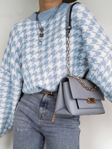 Blue Retro Houndstooth Pattern Knit Sweaters