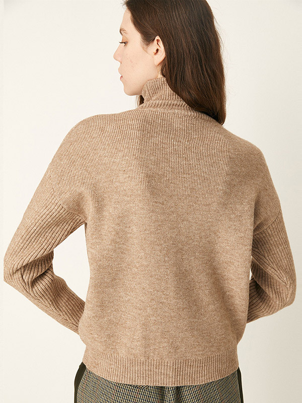 Khaki Roll Neck Warm and Loose Knit Sweaters
