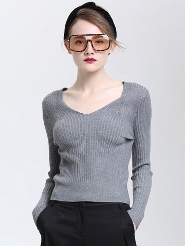 Grey Long Sleeves V-neck Bodycon Knit Sweaters