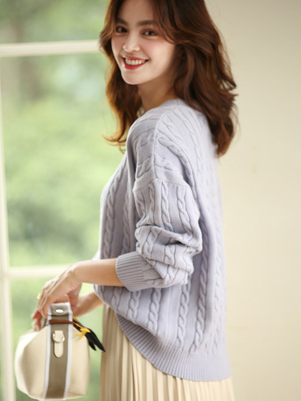 Blue Pullover Round Neck Twist Knit Sweaters