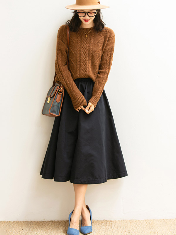 Brown Retro Twist Crew Neck Knit Sweaters