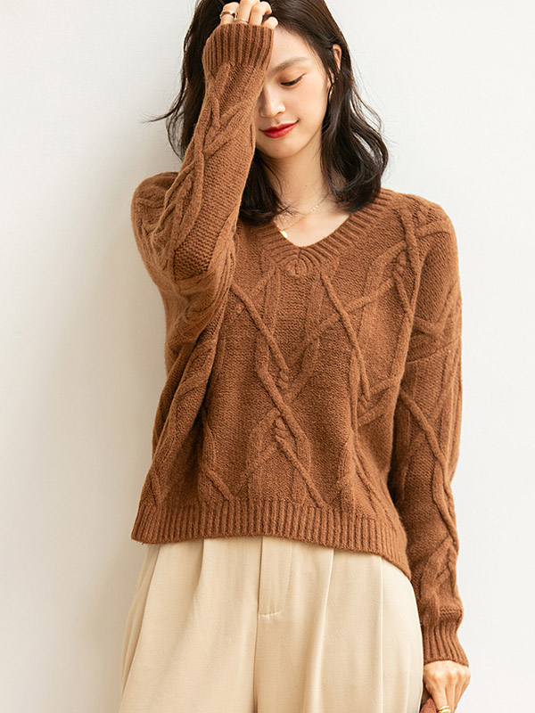 Brown Twisted V-neck Loose Warm Knit Sweaters