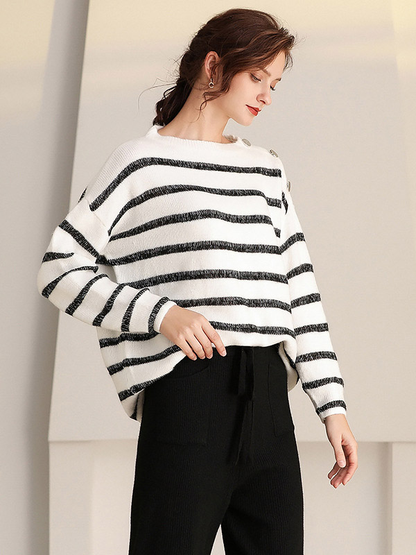 Black and White Striped Sweater with Button Decoration