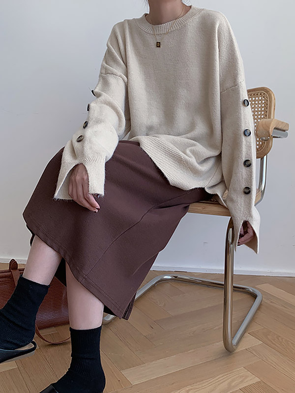 Apricot Loose Slouchy Crew Neck Sweater With Button Decorations