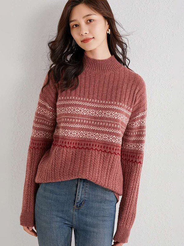 Red Twist Semi Turtleneck Long Sleeve Sweater
