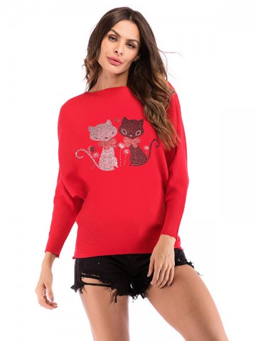 Red Oversize Cats Pattern Crew Neck Knitted Sweater