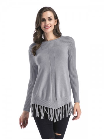 Grey Fashion Round Neck Fringed Thickened Sweater