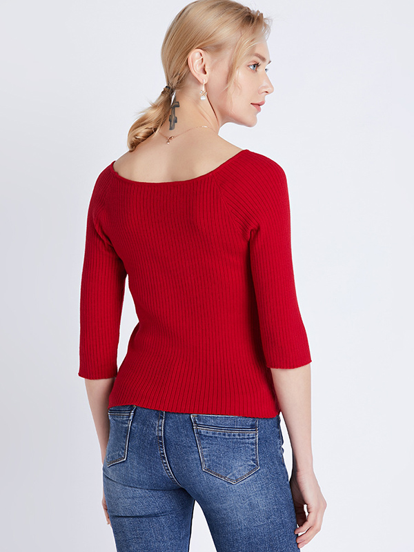 Red Half Sleeve Slim Knitted Sweater