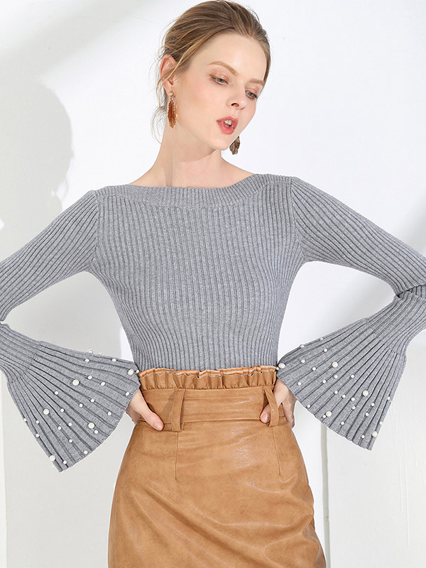 Gray Thick Flared Sleeve Scoop Neck Sweater with Stud Beads