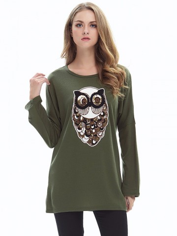 Green Loose Crew Bat Sleeve Owl Long Sleeve Sweater