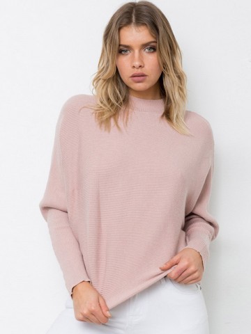Pink Half High Collar Long Sleeve Knitted Sweater