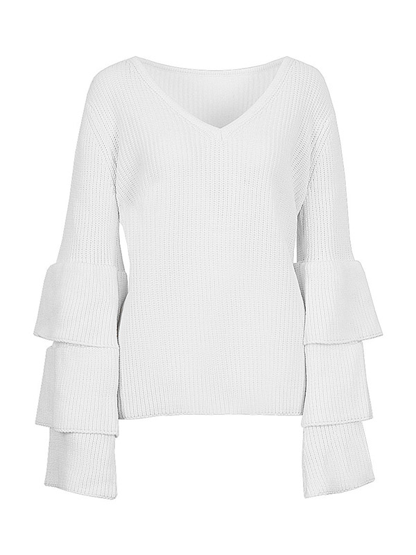 White Loose Ruffle Sleeve V-Neck Sweater