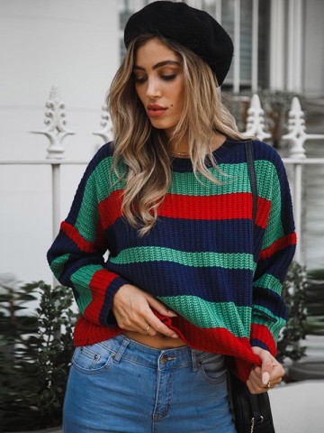 Green Round Neck Fashionable Colorful Stripe Knitted Sweater
