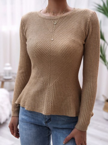 Khaki Crew Neck Long Sleeve Lotus Leaf Hem Sweater