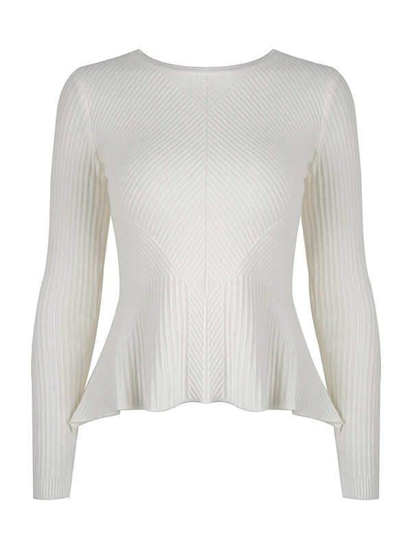 White Crew Neck Long Sleeve Lotus Leaf Hem Sweater