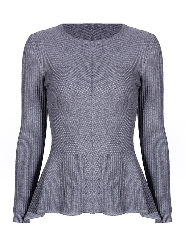 Grey Crew Neck Long Sleeve Lotus Leaf Hem Sweater