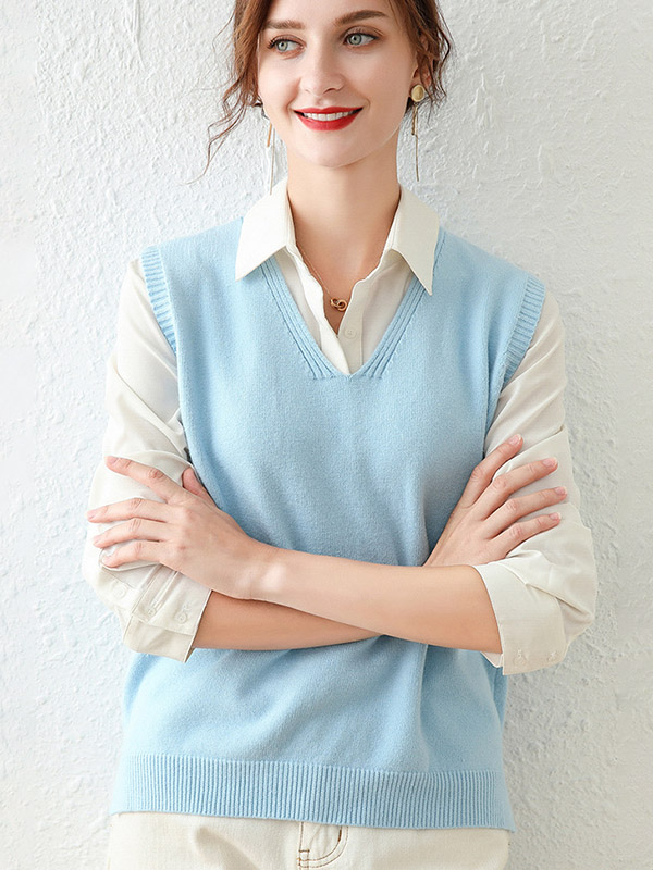 Sky Blue V-neck Side Split Knit Vest