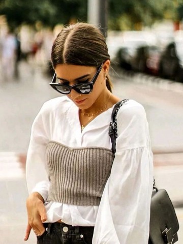 Grey Off-shoulder High Waist Knit Crop Top