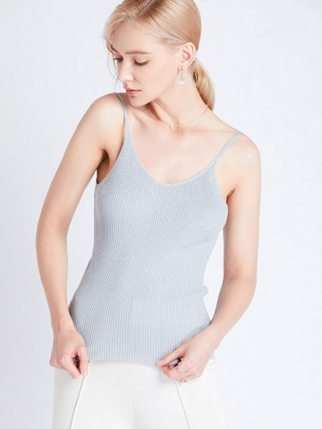 Grey Off Shoulder Shiny Strap Knit Vest