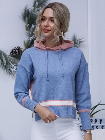 Pink and Blue Contrast Stitching Oversize Knit Hoodies