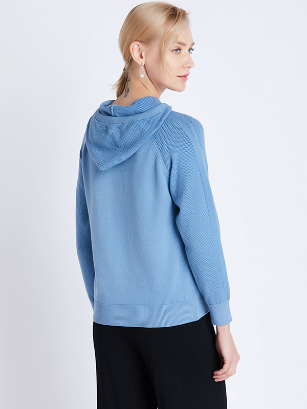 Blue Fine Knit Long Sleeves Hoodies