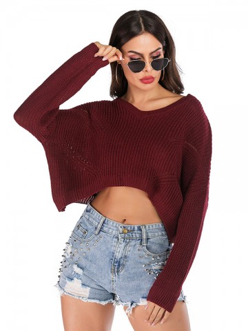 Red Long Sleeves Oversize Knit Cropped Tops