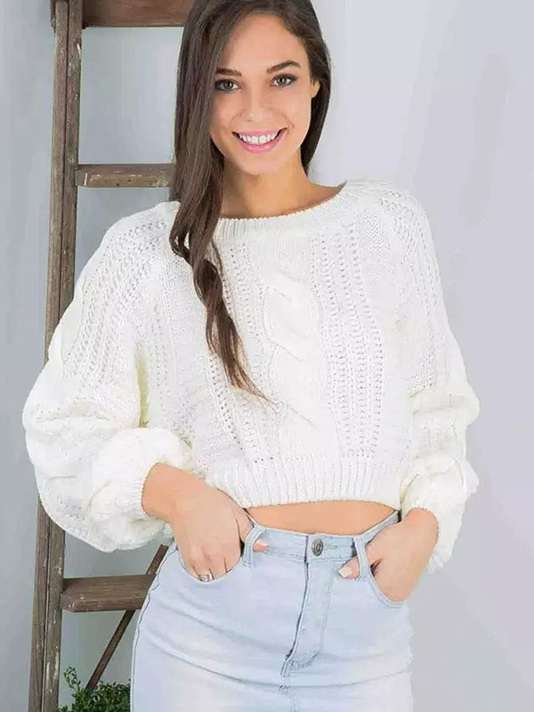 White Puff Sleeve Knit Cropped Tops