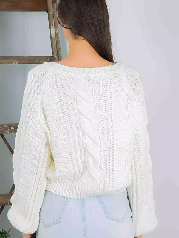 White Puff Sleeve Knit Cropped Tops