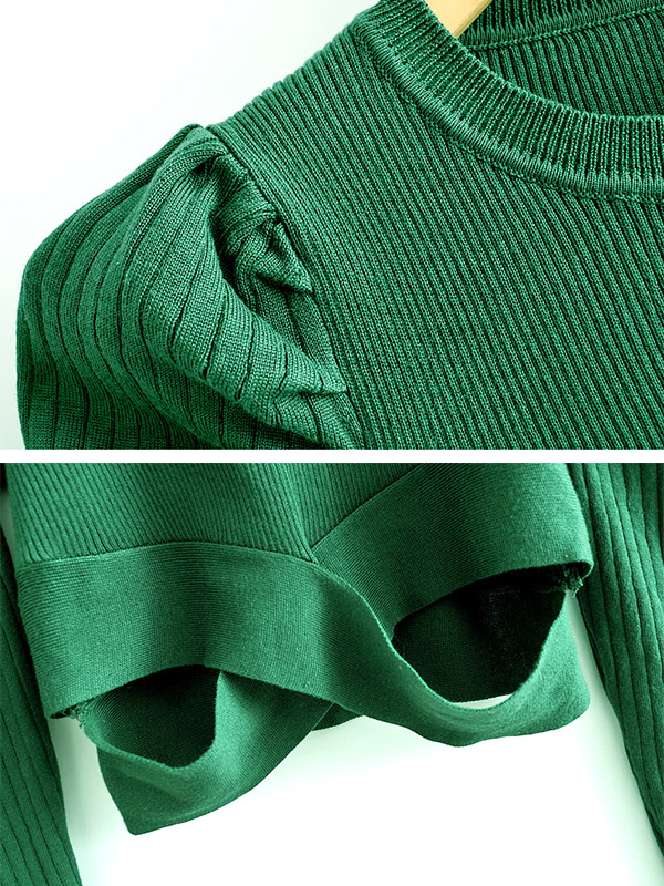 Green Puff Sleeve Knit Cropped Tops
