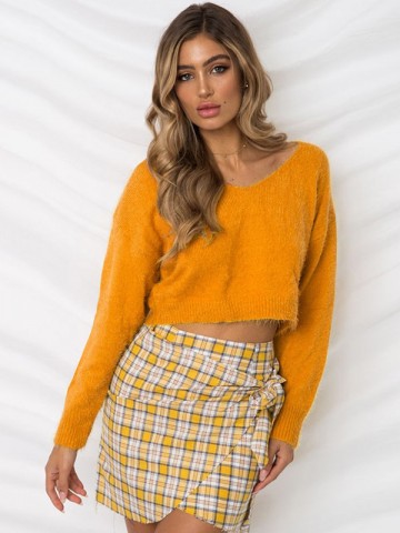 Orange Round Neck Plush Knit Cropped Tops