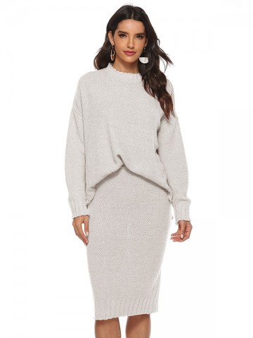 White Split Detail Knitted Sweater And Skirt Sets