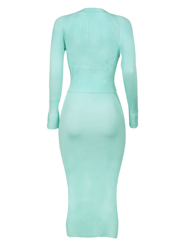 Green Asymmetrical Knit Sweater And Skirt Sets