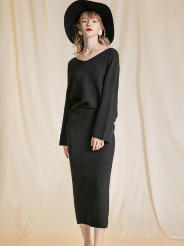 Black V-neck Knitted Sweater and Shift Skirt Sets